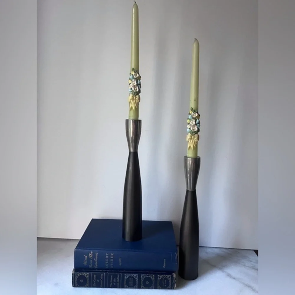 Crate & Barrel Chrome & Nickel Brutalist MCM Style Candle Holders Set Of 2